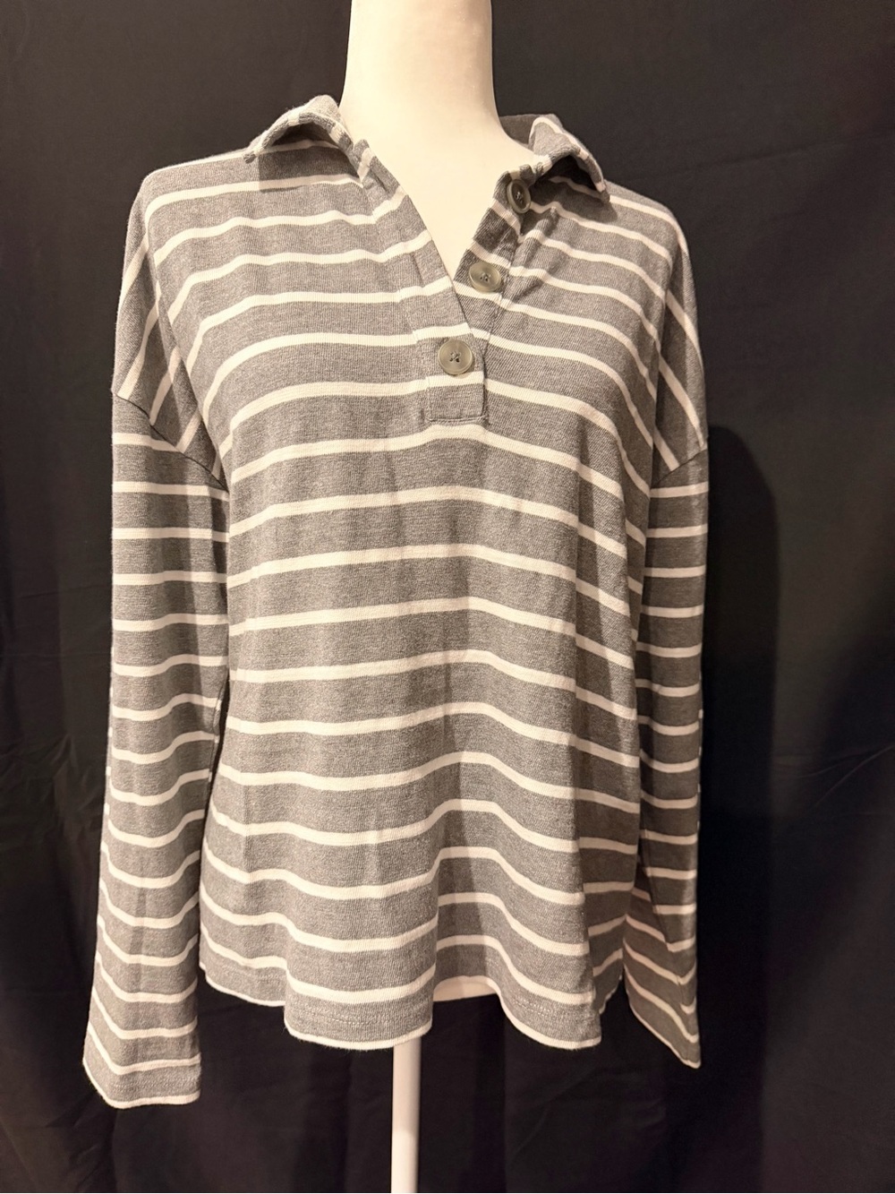 LOFT Gray & White Striped Polo Heavier-knit Shirt
